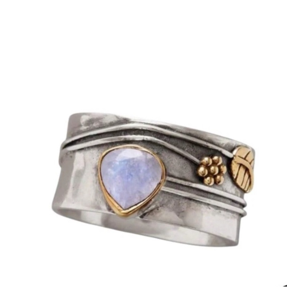 Silver wide band with Opal Teardrop flower & leaf  etched design 6.5